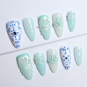 Blue Floral Press-On Nails: 3D Gel, Y2K Style, Set of 10 image 1