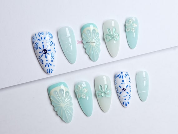 Blue Floral Press-On Nails: 3D Gel, Y2K Style, Set of 10