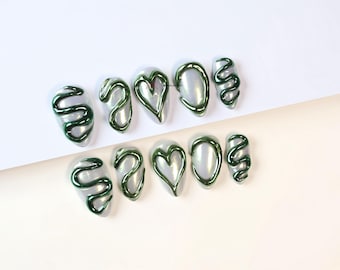 Smaragdgroene 3D-werveling aandruknagels, luxe Gyaru-geleinagels (set van 10)