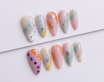 Pastel Abstract Press On Nails with Silver Stars and Rhinestones