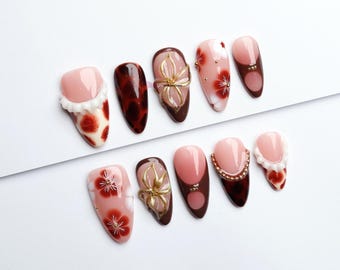 Autumn Floral Nails /3D nails/luxury press on nails/Fall nails/gift for her/y2k nails/abstract nails#265