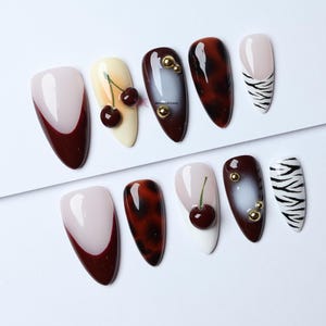 Cherry Tortoise Shell Zebra Press-On Nails, Luxury 3D Cat Eye Jelly Y2K