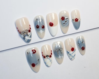 Marineblauwe en rode 3D-persnagels, luxe Y2K-gellak