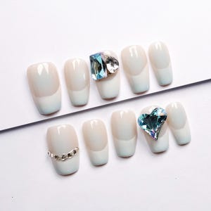 Azure Elegance with Crystal Charm Press On Nails/abstract press on nails/jelly nails/y2k nails/hand painted nails#024