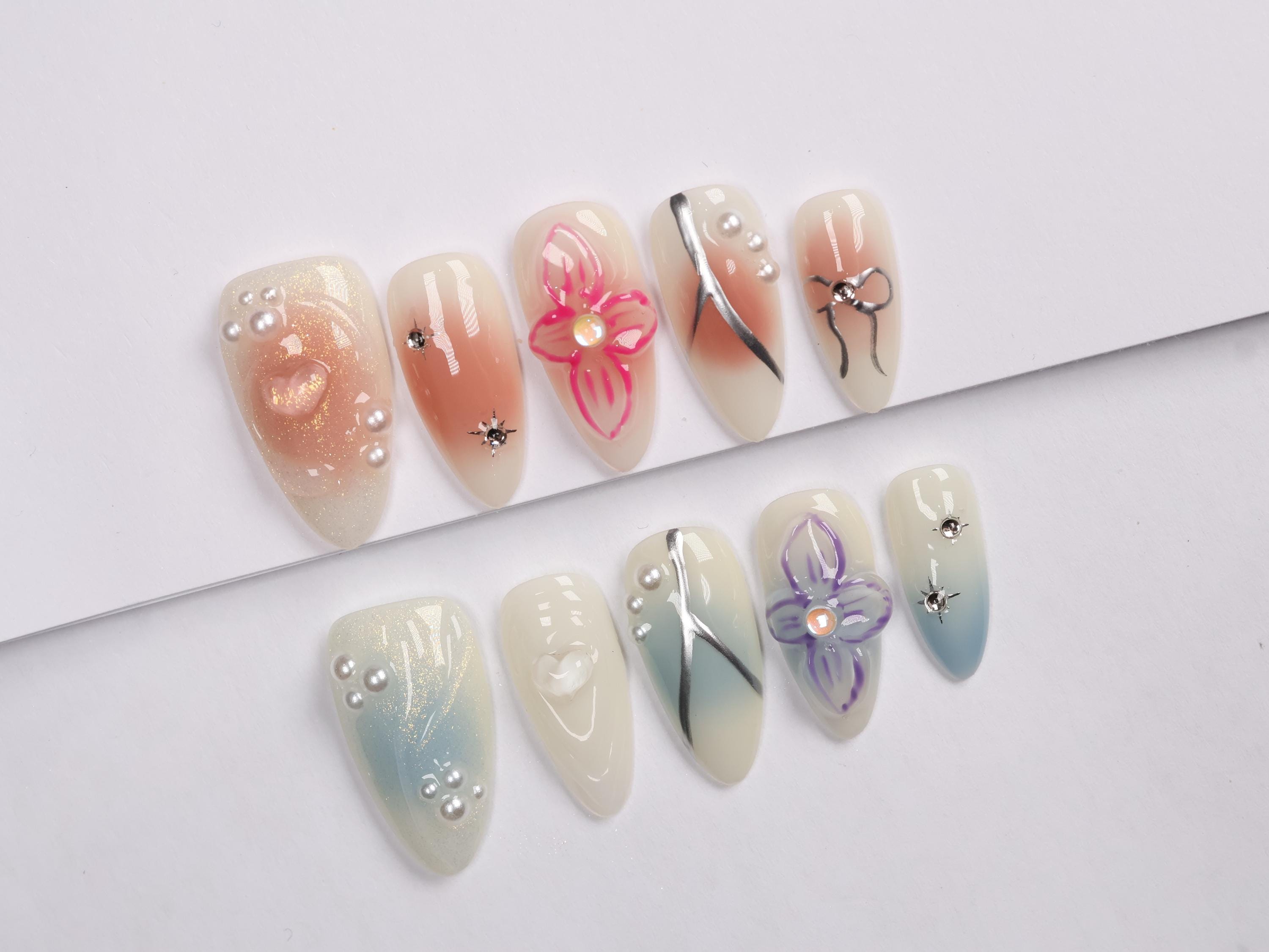 Chic Floral and Heart 3D Press On Nails/3D nails/luxury press on nails/jelly nails/y2k nails/abstract nails#209