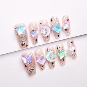 Press-On Nails with Pastel Charms and Glitter/cute nails/kawaii nails/y2k nails/false nails/coffin nails#133