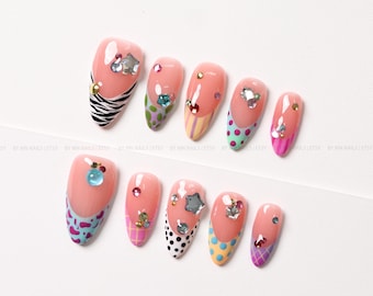 Colorful French Tip Press On Nails with Rhinestones and Mixed Patterns