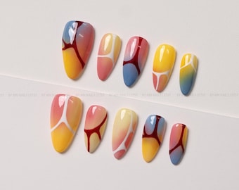 Abstract Press On Nails, Pink, Yellow and Blue Gradients with Curved Lines