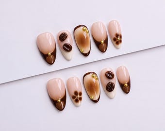 Brown French Tip Press On Nails with 3D Coffee Beans and Gold Beads
