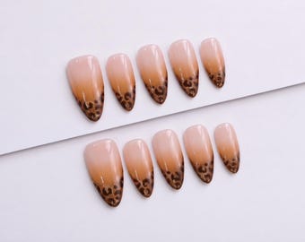 Leopard Print French Tip Press On Nails with Caramel Ombre and Brown Glitter