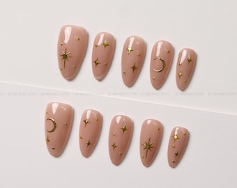 Nude Celestial Press On Nails with Gold Moon and Star Accents