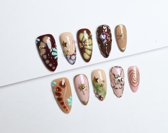 Unghie finte ispirate allo stile boho/Unghie gotiche/Unghie finte dipinte a mano/Unghie finte di lusso/Unghie y2k/Unghie astratte/Unghie per compleanno #272