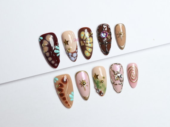 Boho-Inspired Press-On Nails/Gothic nails /Hand painted Fake Nails/luxury press on nails/y2k nails/abstract nails/Birthday Nails#272