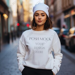 Gildan 18000 Mockup City | Gildan White Sweatshirt Mockup | Sweatshirt Model Mockup | Fall Mockup | Winter mockup | Gildan Oversized Mockup