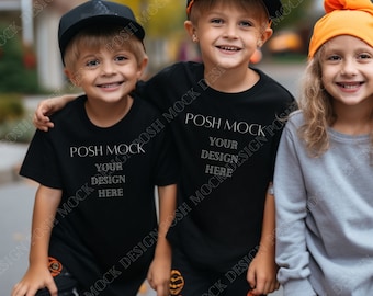 Kids Comfort Colors C9018 Youth Halloween T-Shirt Mockup Model Oversized Outdoor | Halloween Trick-or-Treat Black T shirt Mockup kids Tee