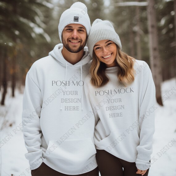 His Her Matching Sweatshirt Mockup Gildan 18500 Sweatshirt Mockup Name Mockup for Matching Couple White Sweaters in Winter Skiier Mockups Etsy