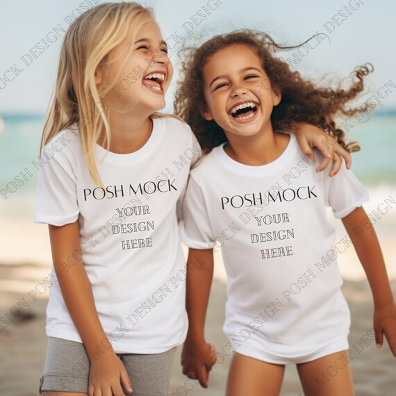 White Comfort Colors Kids Comfort Colors C9018 Youth T-Shirt Mockup Model, CC9018 T-shirt Mockup for Girls, Kids TShirt Mockup for Beach
