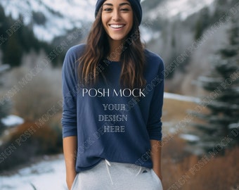 Maqueta de camiseta boho azul marino, maqueta de modelo de otoño, maqueta de Bella Canvas 3001, maqueta de camisa azul marino Bella Canvas 3001, maqueta de camiseta, plantilla de camiseta