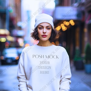 Gildan 18000 Mockup City | Gildan White Sweatshirt Mockup | Sweatshirt Model Mockup | Fall Mockup | Winter mockup | Gildan Oversized Mockup