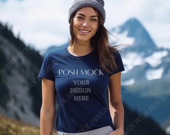 Maqueta de camiseta boho azul marino, maqueta de modelo de otoño, maqueta de Bella Canvas 3001, maqueta de camisa azul marino Bella Canvas 3001, maqueta de camiseta, plantilla de camiseta