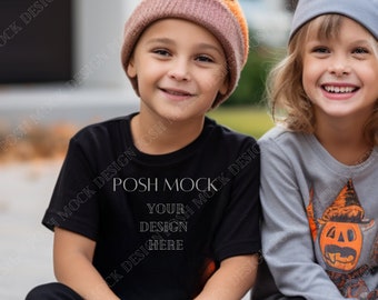 Kids Comfort Colors C9018 Youth Halloween T-Shirt Mockup Model Oversized Outdoor | Halloween Trick-or-Treat Black T shirt Mockup Kidful Tee