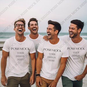 May include: Four men wearing white t-shirts with the text "POSH MOCK YOUR DESIGN HERE" printed on the front. The men are laughing and standing on a beach.
