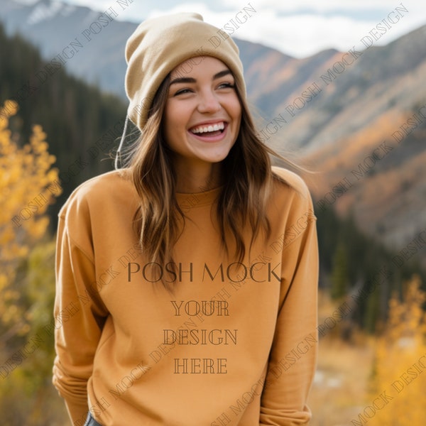 JERZEES 562MR Sweatshirt Gold Mockup | Model Mockup | Fall Model Mockup | Winter Mockup | Woman JERZEES Crewneck long and short hair option