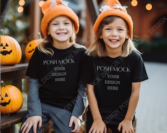 Kids Comfort Colors C9018 Youth Halloween T-Shirt Mockup Model Oversized Outdoor | Halloween Trick-or-Treat Black T shirt Mockup Kidful Mock