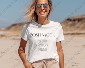 Bella Canvas 3001 White Shirt Mockup / Camiseta blanca / Oversized Beach Mockup / Model Mock Up / Front Mockup / Summer Beach Spring / Unisex