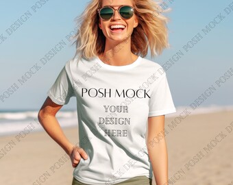 Bella Canvas 3001 White Shirt Mockup / Camiseta blanca / Oversized Beach Mockup / Model Mock Up / Front Mockup / Summer Beach Spring / Unisex
