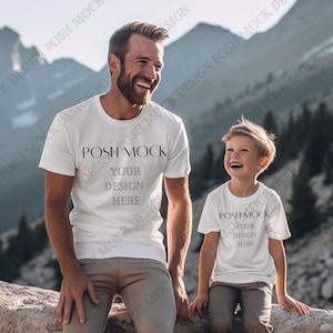 Father and Son White Bella Canvas 3001 Mockup on Mountain, T-Shirt Mockup, Male T-shirt Mockup, Model Mockup, Dad T-shirt Mockup, Father