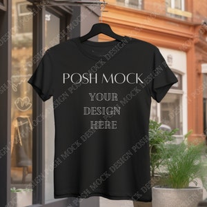 Maquette de toile Bella | Toile Bella noire 3001 | Maquette de chemise noire en toile Bella | Maquette de t-shirt suspendu | Maquette numérique | T-shirt maquette femme