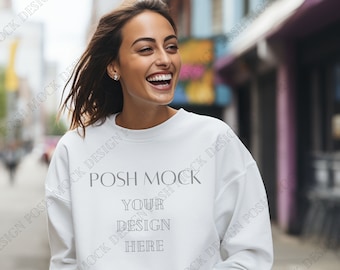 Gildan 18000 Mockup City | Gildan White Sweatshirt Mockup | Sweatshirt Model Mockup | Simple Mockup | White Gildan Oversized Crewneck Mockup