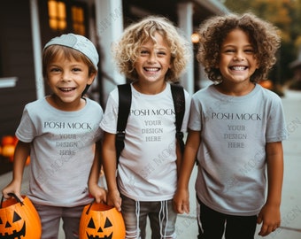 Kids Comfort Colors C9018 Youth Halloween T-Shirt Mockup Model Oversized Outdoor | Halloween Trick-or-Treat T shirt Template Mockup kids tee
