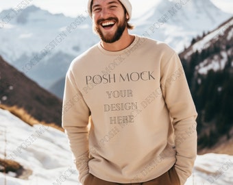 Gildan 18000 Mockup Sand | Gildan Sand Sweatshirt Mockup | Sweatshirt Model Mockup | Male Model Mockup | Sand Gildan Oversized Crewneck Mock