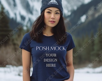 Maqueta de camiseta boho azul marino, maqueta de modelo de otoño, maqueta de Bella Canvas 3001, maqueta de camisa azul marino Bella Canvas 3001, maqueta de camiseta, plantilla de camiseta