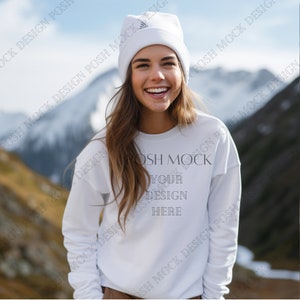 White Winter Gildan 18000 Mockup | Gildan White Sweatshirt Mockup | Sweatshirt Model Mockup | Simple Mockup | Gildan Oversized Crewneck Mock