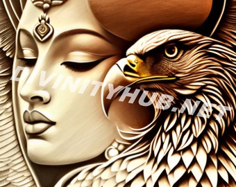 May include: A detailed wood carving of a woman's face with an eagle perched on her shoulder. The woman's face is carved in a realistic style, with delicate features and a serene expression. The eagle is also carved in a realistic style, with sharp talons and a fierce gaze. The carving is painted in shades of brown and gold, giving it a warm and inviting feel.