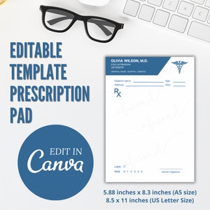 Plantilla de bloc de recetas, Plantilla de recetas médicas, Hoja de recetas médicas, Plantilla de Canva, Bloc de recetas imprimible
