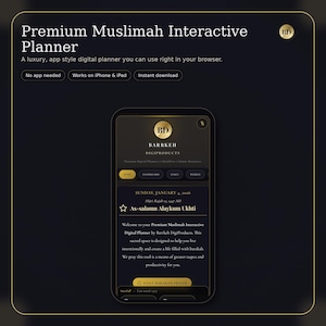Könnte beinhalten: Ein digitaler Planer mit goldenem und schwarzem Design. Der Bildschirm zeigt den Text "Premium Muslimah Interactive Planner" und "Sonntag, 4. Januar 2026". Der Planer ist für iPhone und iPad konzipiert.