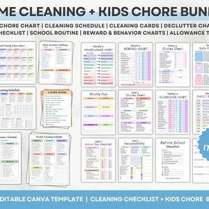 Cleaning Checklist Bundle, Editable Kids Chore Chart, Household Cleaning Schedule, Adhd Cleaning Planner, DIY Adult Family Cleaning Template