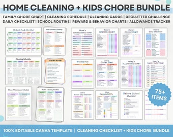 May include: A digital printable bundle of 75+ home cleaning and kids chore charts. The bundle includes a family chore chart, cleaning schedule, cleaning cards, declutter challenge, daily checklist, school routine, reward and behaviour charts, and allowance tracker. The charts are colourful and feature a variety of designs.