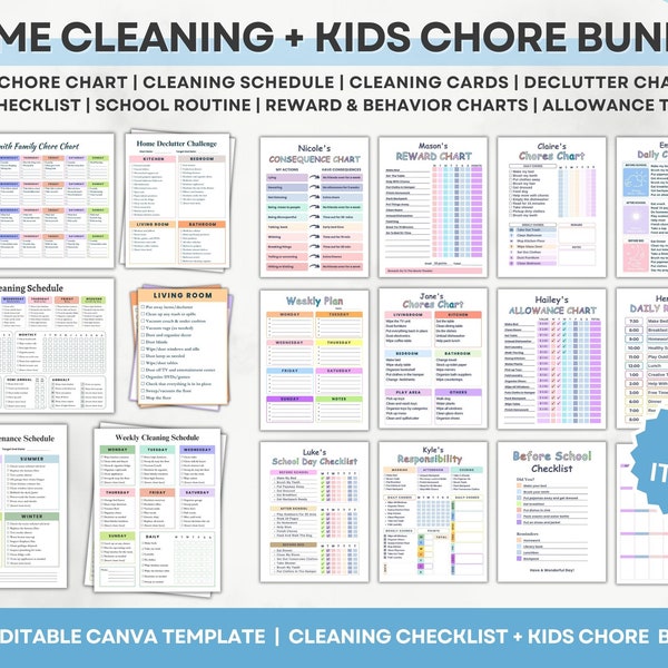 Paquete de lista de verificación de limpieza, tabla de tareas para niños editable, programa de limpieza del hogar, planificador de limpieza de TDAH, plantilla de limpieza familiar para adultos de bricolaje