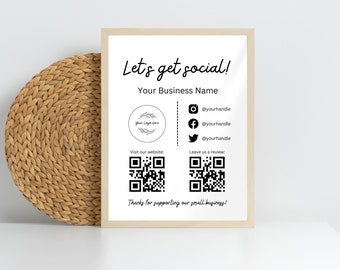 Modèle de signe de médias sociaux de petite entreprise, signe de code QR, Instagram Facebook suivez-nous signe, laissez-nous un signe de révision, signe imprimable modifiable