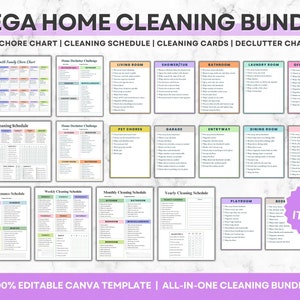 Schoonmaakchecklistbundel, bewerkbaar huishoudelijk schoonmaakschema, Adhd-schoonmaakbundel, karwei voor volwassenen, gezinsschoonmaakplanner-sjabloon