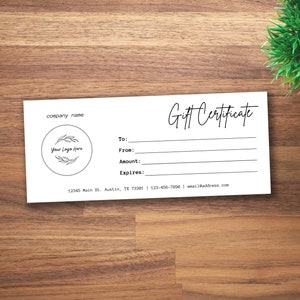 Plantilla de certificado de regalo editable, vale de regalo con logotipo añadido, certificado de regalo mínimo, vale de regalo personalizable, cupón de tarjeta de regalo imprimible