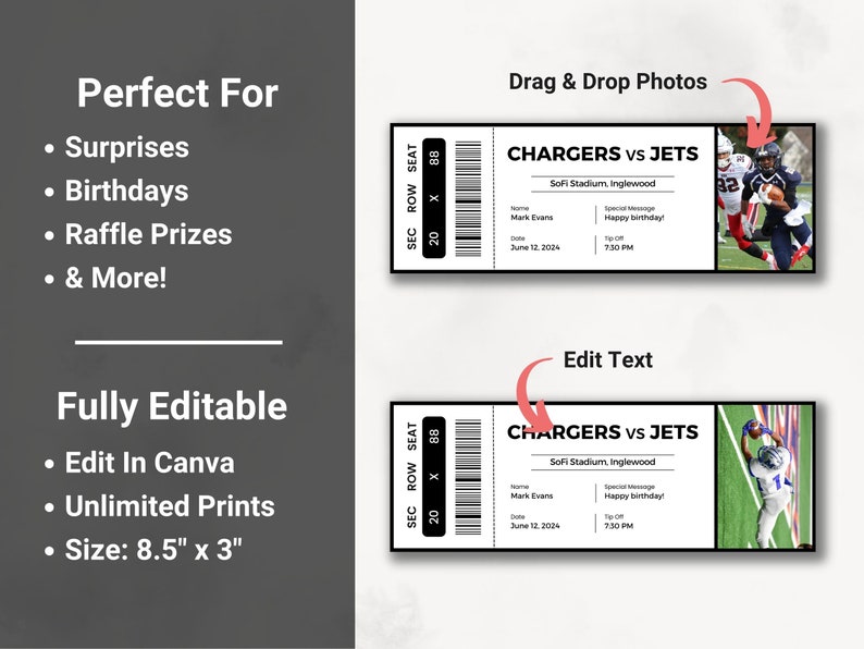 Editable Sports Ticket Template, DIY Sporting Ticket, Custom Sports Ticket Gift, Surprise Printable Sport Tickets Gift Idea, Canva Template image 2