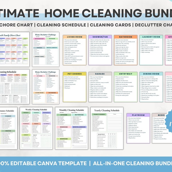 Cleaning Checklist Bundle, Editable Household Cleaning Schedule, Adhd Cleaning Bundle, Adult Chore Chart, Family Cleaning Planner Template