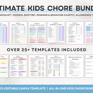 Bewerkbare Kids Chore Chart Bundle, Beloningstoelage Gedrag Gevolgenlijst, Schoolroutine, Dagelijkse wekelijkse maandelijkse checklist, Canva-sjabloon