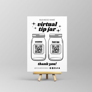 Puede incluir: Ilustración en blanco y negro de un cartel con el texto "virtual tip jar" y dos tarros de cristal con códigos QR para Venmo y Cash App. El cartel también incluye el texto "thank you!" y un nombre de perfil en redes sociales.